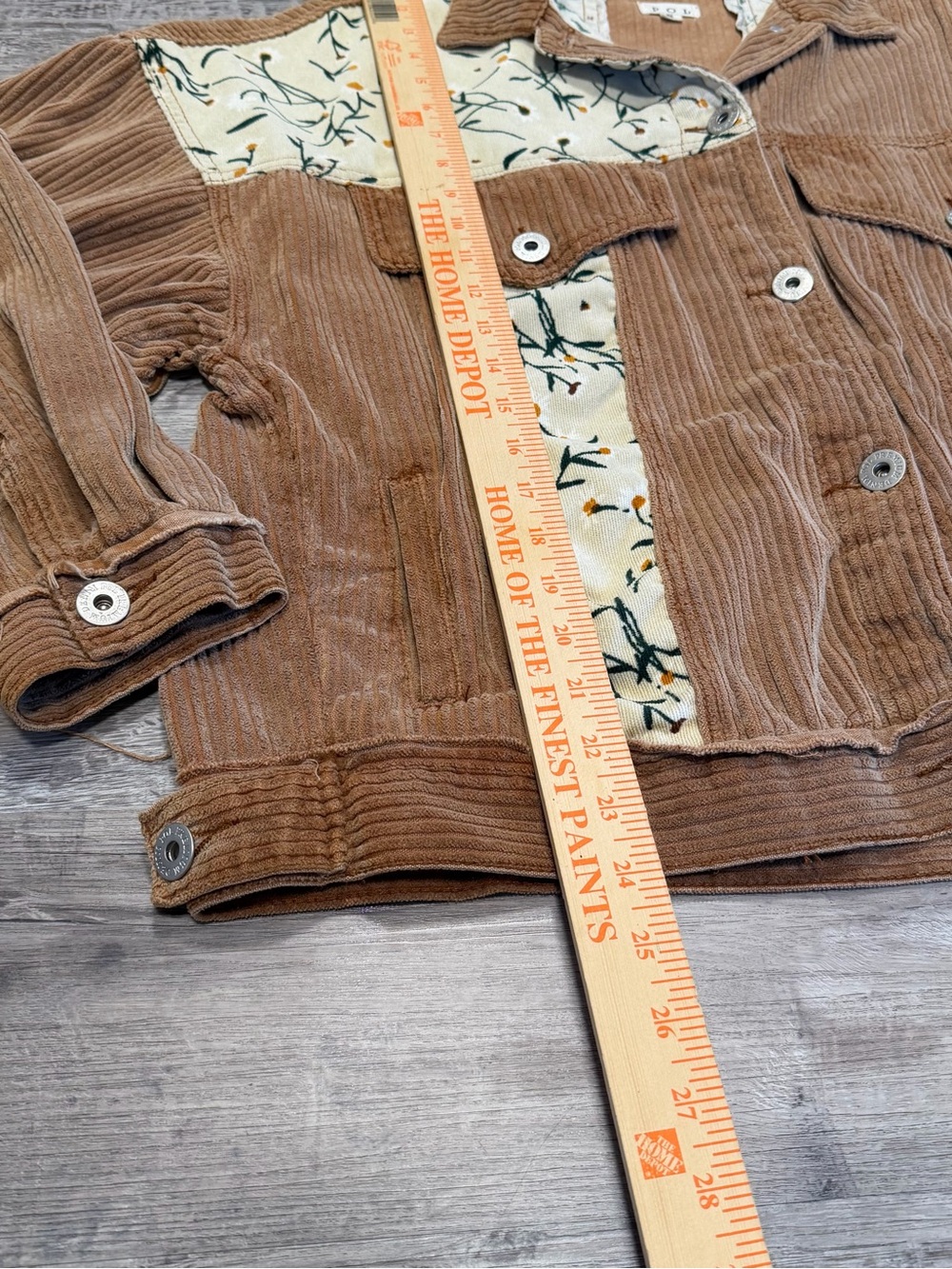 POL Oversized Corduroy Distressed Patchwork Floral Shacket Boho Raw Edge Jacket - Picture 11 of 12